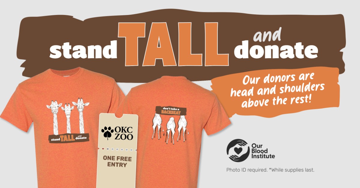Donors in Oklahoma and Wichita Falls will receive a T-shirt and free ticket to the Oklahoma City Zoo